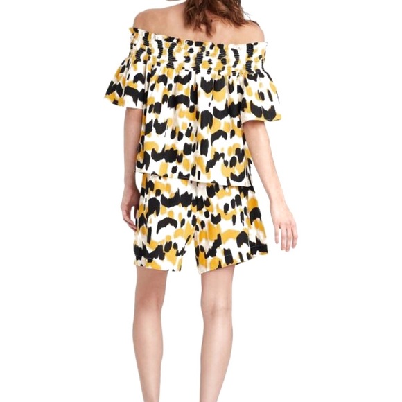 WWW NWT Linen Short Sleeve Smocked Bardot Top Cheetah Geometric Print S - Picture 11 of 13